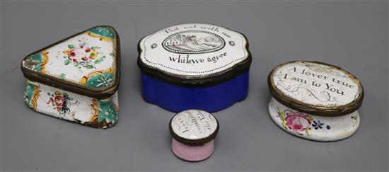 Four South Staffordshire enamel snuff, patch or pill boxes